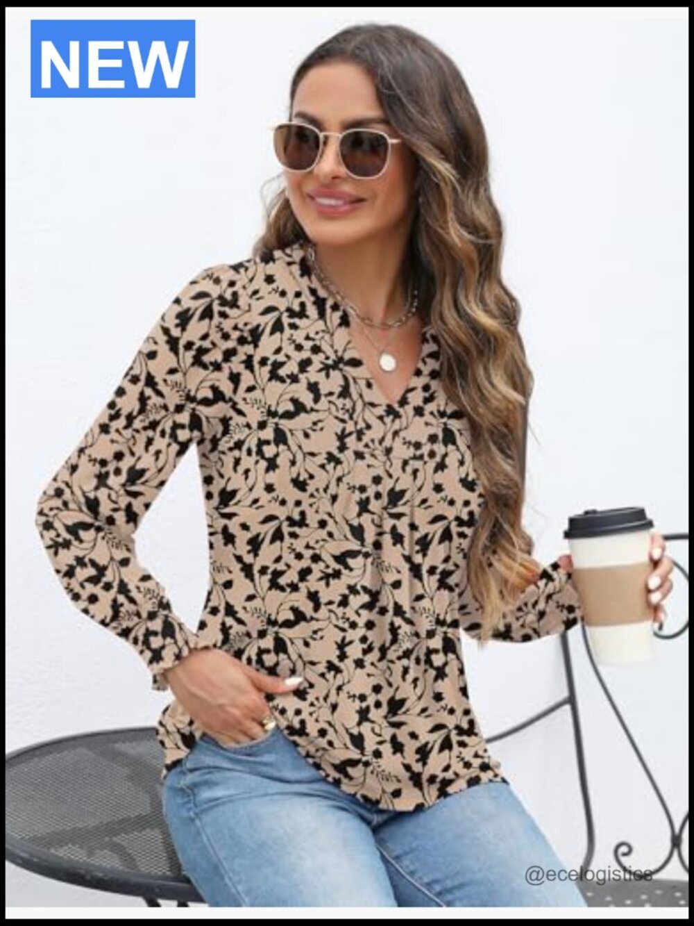 Women's V Neck Long Sleeve Ruffle Cuff Blouse Top - Picture 5 of 7